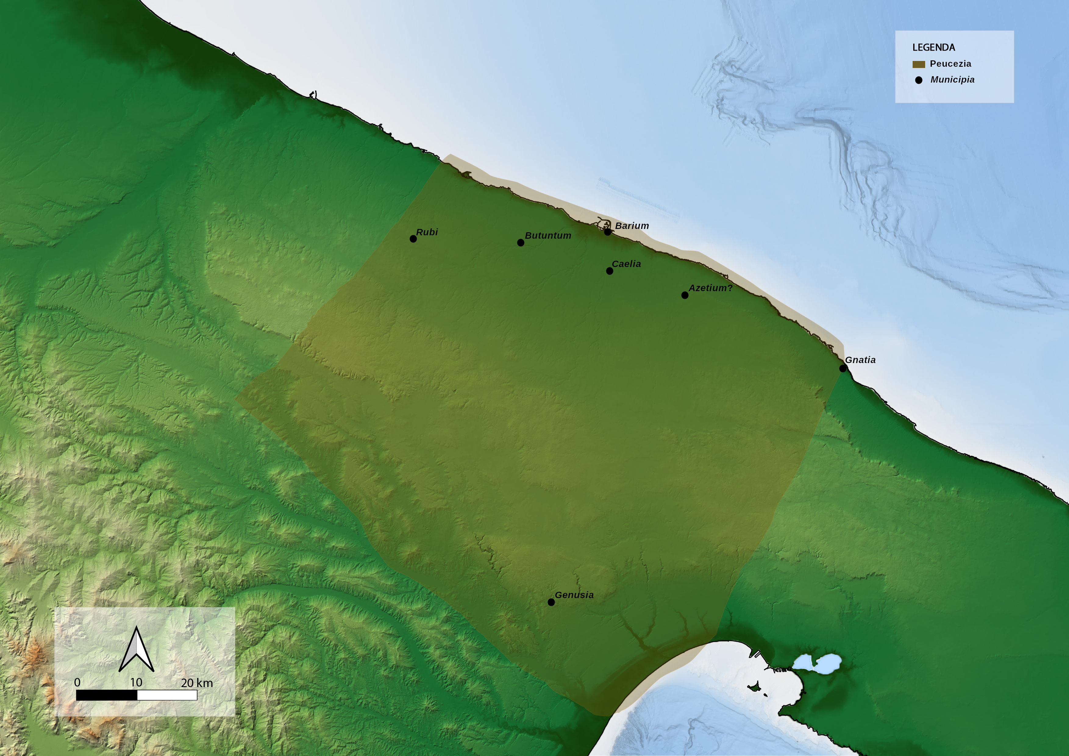 Carta della Peucezia con i municipia dopo la Guerra Sociale.